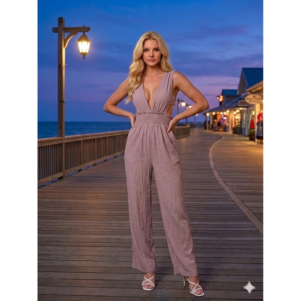 Love Tree Mauve Crinkle Gauze Wide Leg Jumpsuit V-Neck Cut-Out Smocked Waist S